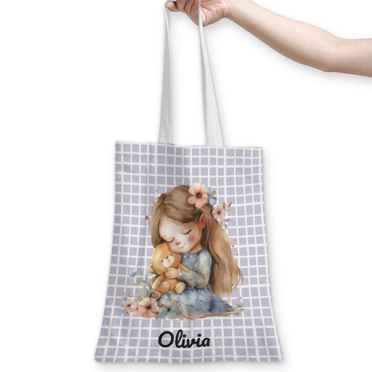 Personalized Cute Little Girl With Bear Linen Tote Bag - ToteBags - BuyEcEc