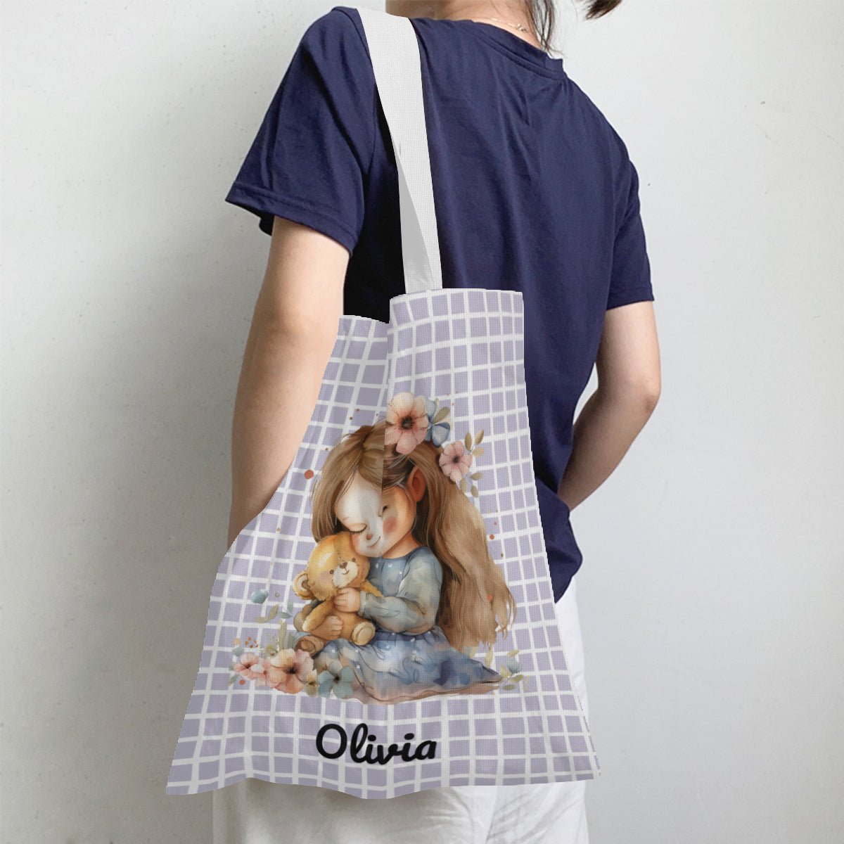 Personalized Cute Little Girl With Bear Linen Tote Bag - ToteBags - BuyEcEc
