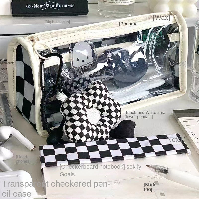 Transparent grid pencil bag large-capacity simple black and white grid school student stationery box 067-AA8-0002