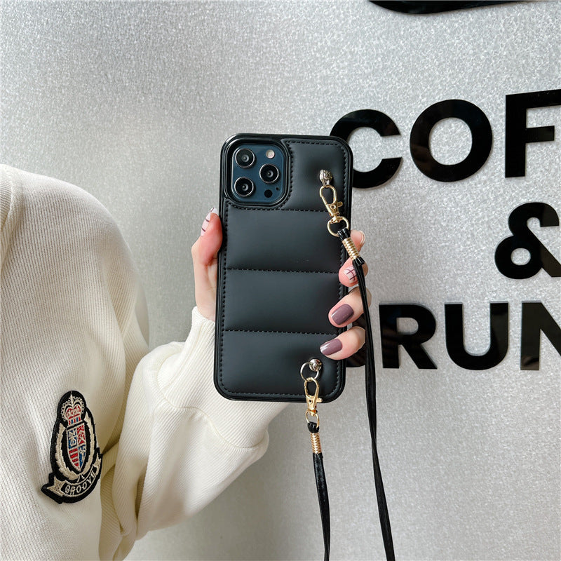 Black Down Jacket Puffer with Lanyard Phone Case Cover | iPhone 11 12 13 Pro Max Mini | iPhone X XS Max XR | iPhone 7 8 Plus SE 2020 070-PG1385595
