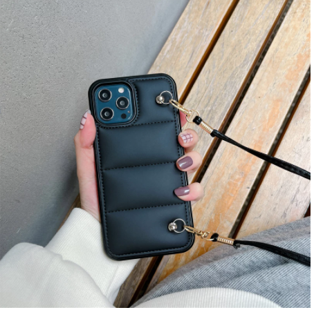 Black Down Jacket Puffer with Lanyard Phone Case Cover | iPhone 11 12 13 Pro Max Mini | iPhone X XS Max XR | iPhone 7 8 Plus SE 2020 070-PG1385595