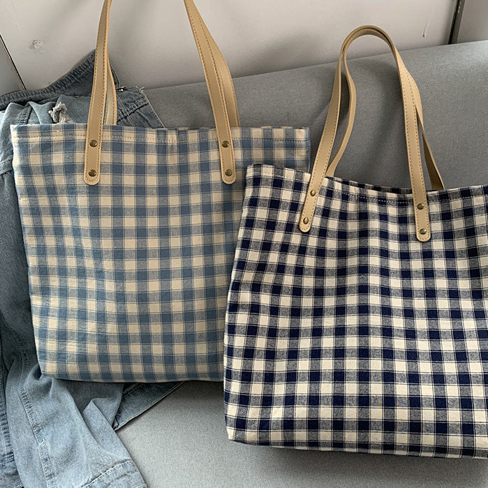 Checkered Tote bag, Woman Canvas Bag, cotton bag, Pastel, handmade, gift for her, leather handle, reusable, , large bag, modern 067-AA3-0004