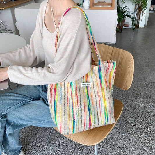 Rainbow Stripe Shoulder Bag Women's Messenger Bags Large Capacity Shopping Tote Leisure Handbag Magnetic Buckle Design  067-AA3-0015