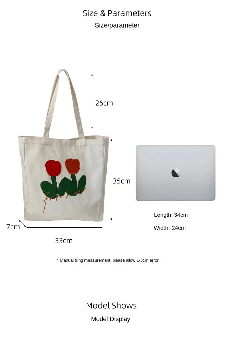 Embroidered Tulip Tote Bag Canvas Bag Shopping Bag Casual Shoulder Bag 067-AA3-0008