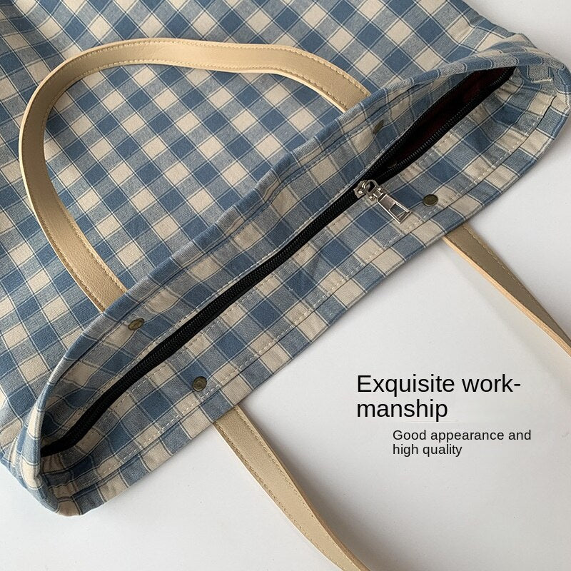 Checkered Tote bag, Woman Canvas Bag, cotton bag, Pastel, handmade, gift for her, leather handle, reusable, , large bag, modern 067-AA3-0004