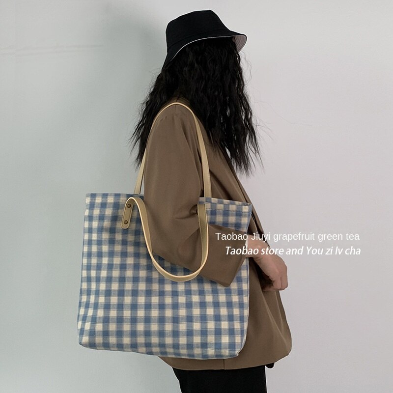 Checkered Tote bag, Woman Canvas Bag, cotton bag, Pastel, handmade, gift for her, leather handle, reusable, , large bag, modern 067-AA3-0004
