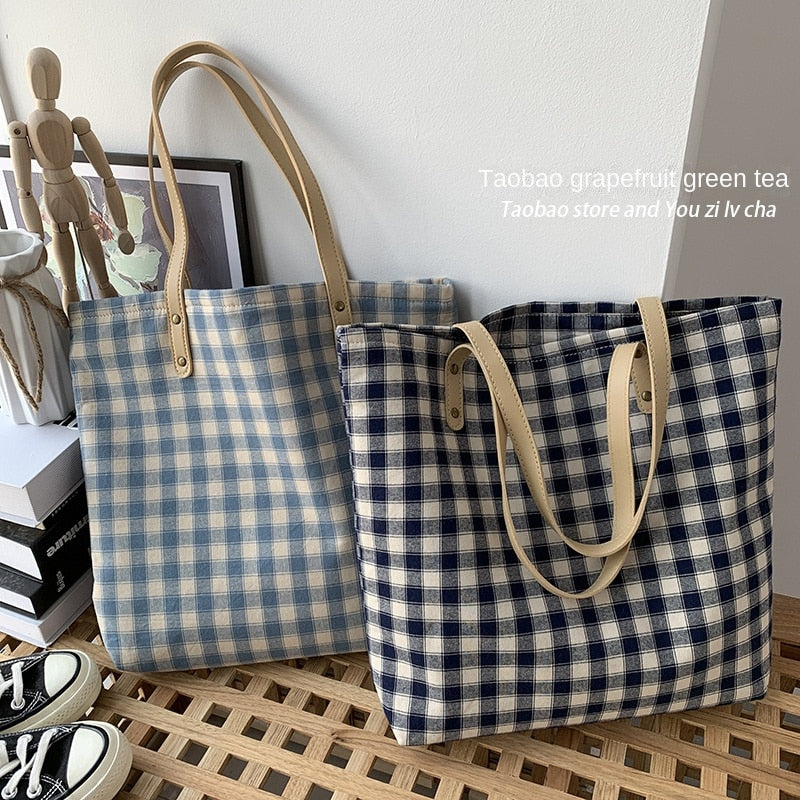 Checkered Tote bag, Woman Canvas Bag, cotton bag, Pastel, handmade, gift for her, leather handle, reusable, , large bag, modern 067-AA3-0004