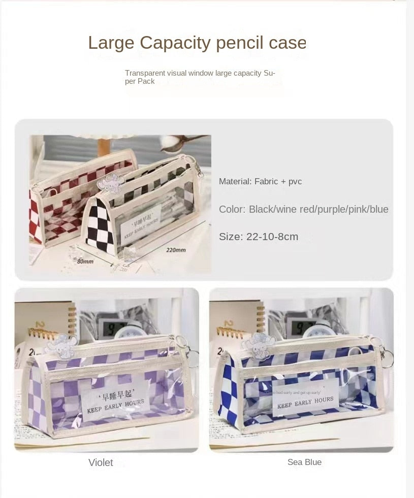 Transparent grid pencil bag large-capacity simple black and white grid school student stationery box 067-AA8-0002