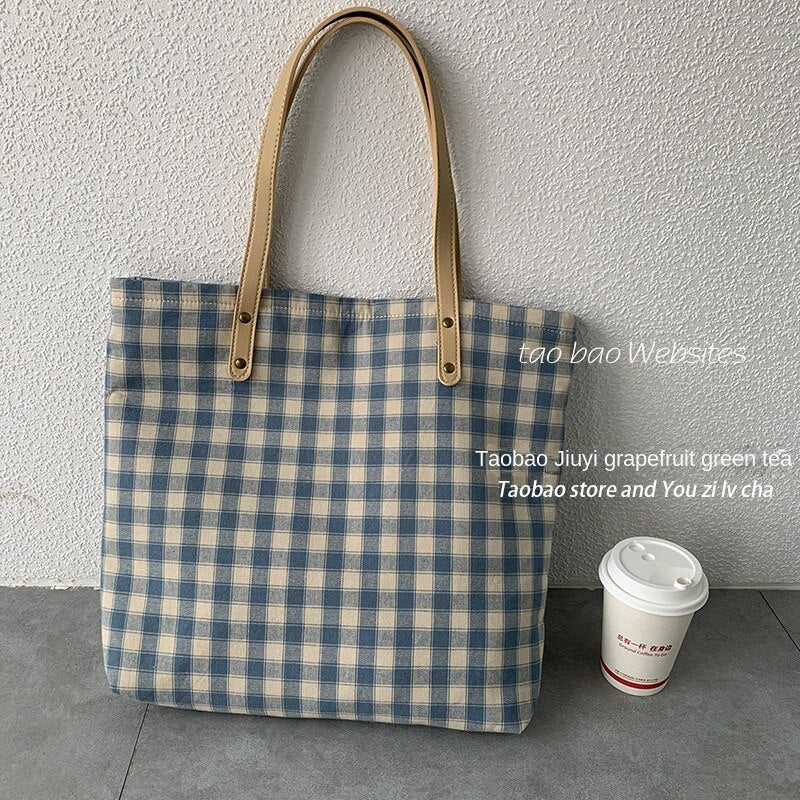 Checkered Tote bag, Woman Canvas Bag, cotton bag, Pastel, handmade, gift for her, leather handle, reusable, , large bag, modern 067-AA3-0004