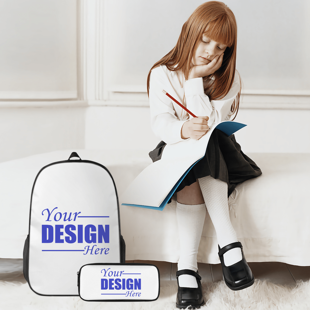 Casual Backpack with Fishbone Design & Pencil Case – Custom Design - Storage - BuyEcEc