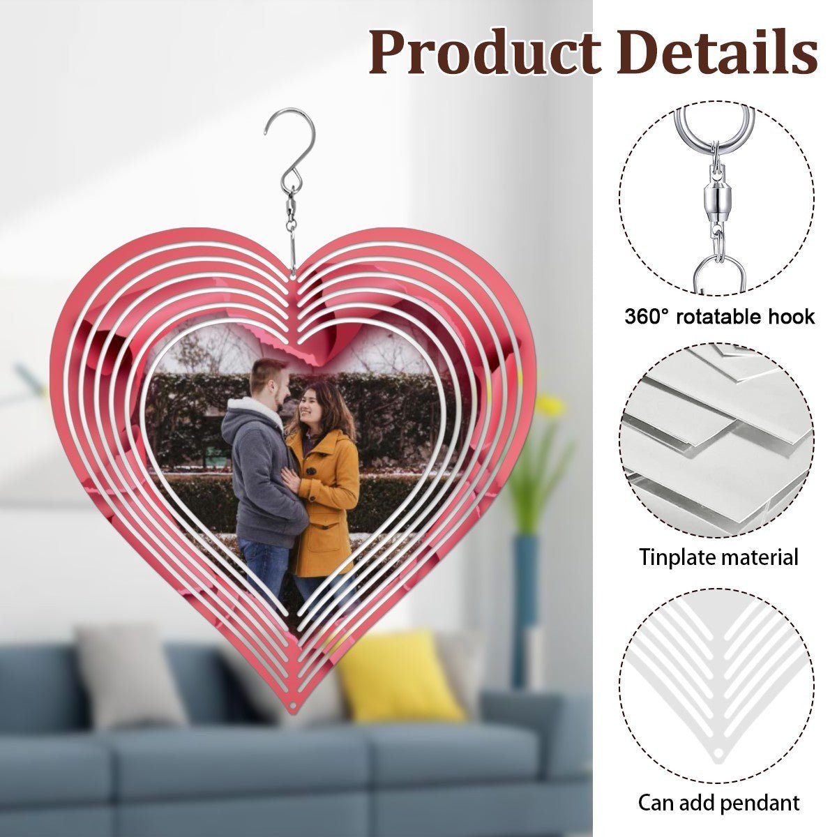 Custom Photo Mandala Heart Wind Chime | 3D Rotating Decor | BuyEcEc - Pendants & Ornaments - BuyEcEc