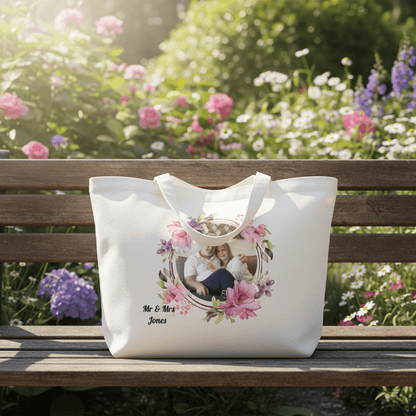 Custom Photo Tote Bag with a Flower Frame and Personalized Text - ToteBags - BuyEcEc