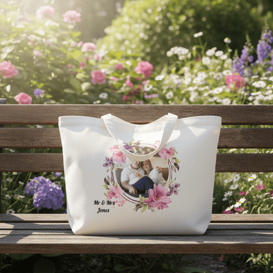 Custom Photo Tote Bag with a Flower Frame and Personalized Text - ToteBags - BuyEcEc