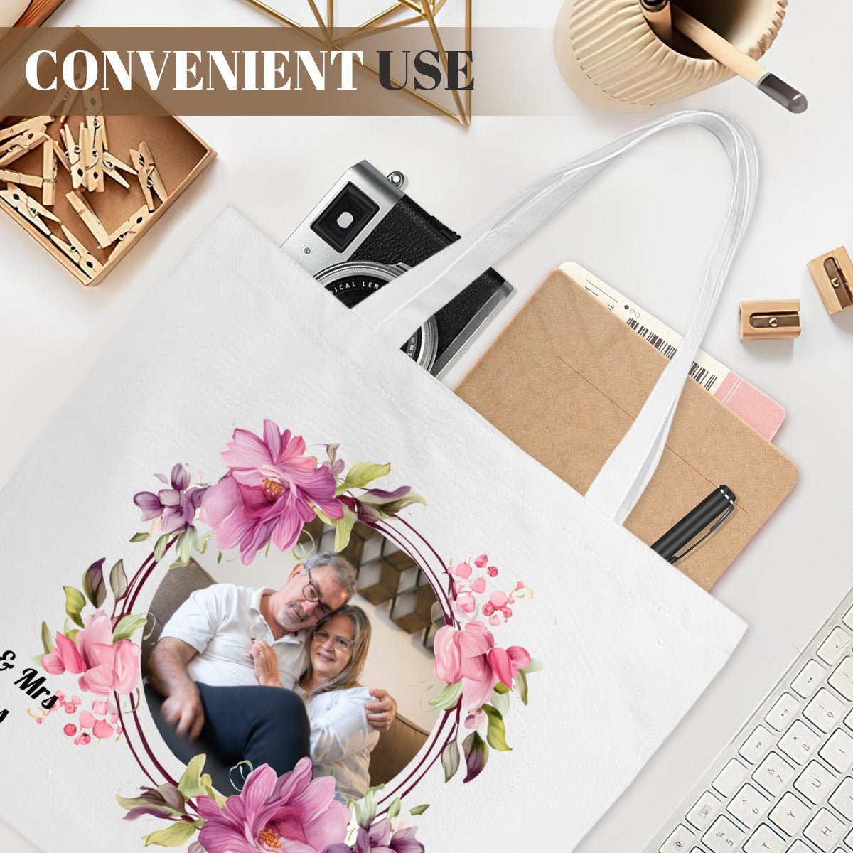 Custom Round Photo Tote Bag with Flower Frame & TextTote Bag Name Personalized - ToteBags - BuyEcEc