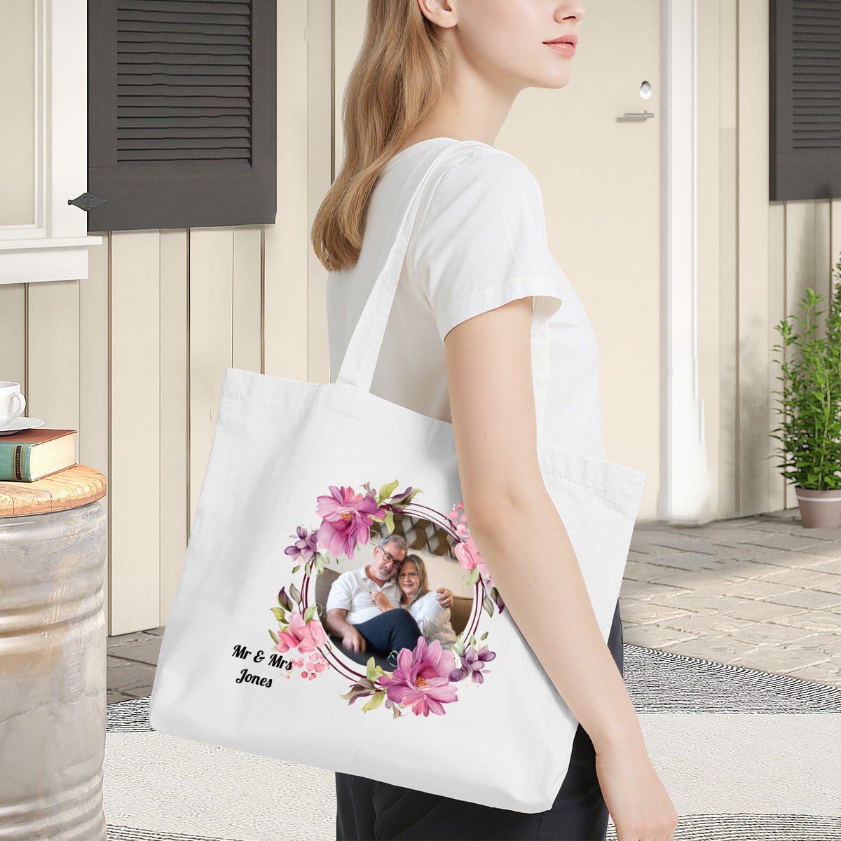 Custom Round Photo Tote Bag with Flower Frame & TextTote Bag Name Personalized - ToteBags - BuyEcEc