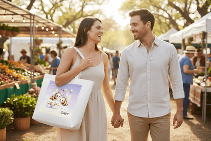 Personalized Bee Couple Tote Bag | Custom Canvas Bag with TextTote Bag Name Personalized - ToteBags - BuyEcEc