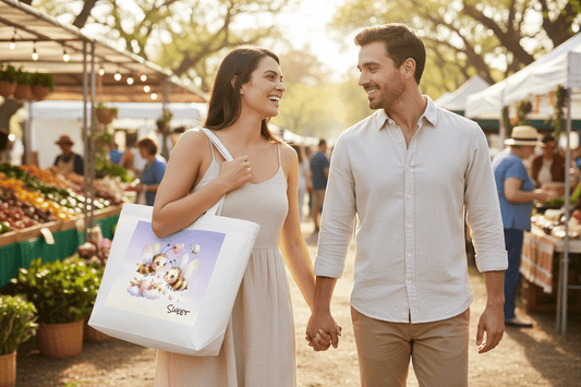 Personalized Bee Couple Tote Bag | Custom Canvas Bag with TextTote Bag Name Personalized - ToteBags - BuyEcEc