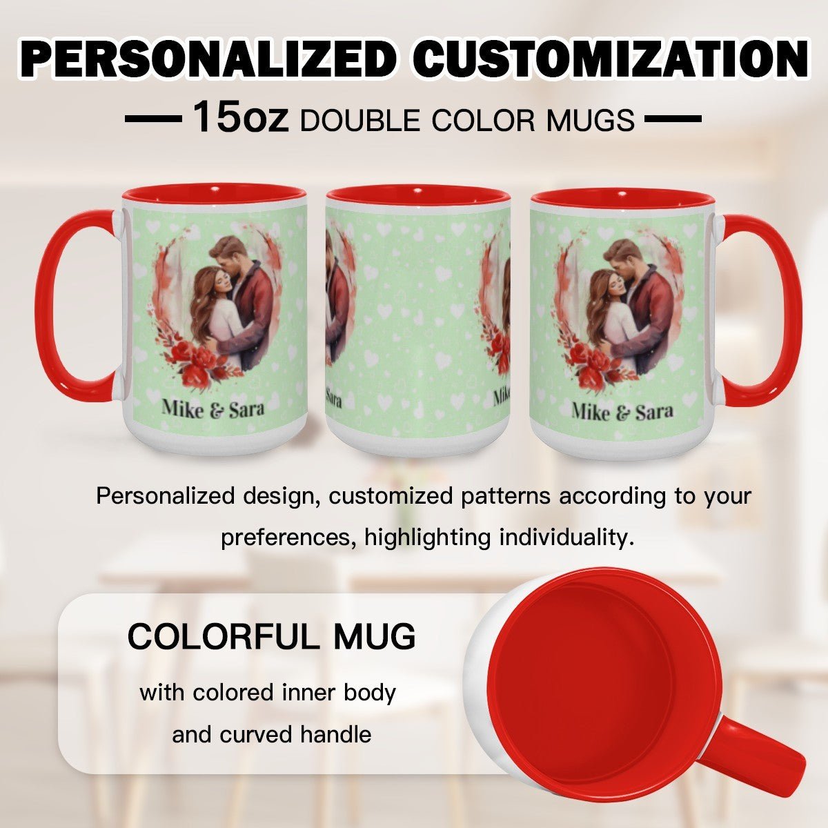 Personalized Couple Illustration Mug 15oz Watercolor - Mugs - BuyEcEc