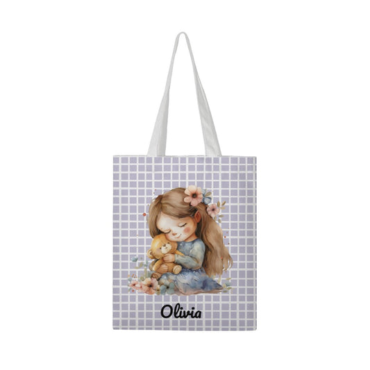 Personalized Cute Little Girl With Bear Linen Tote Bag - ToteBags - BuyEcEc