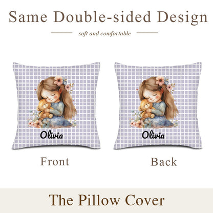 Personalized Cute Little Girl With Bear Pillowcase (Insert Included) - ThrowPillows - BuyEcEc