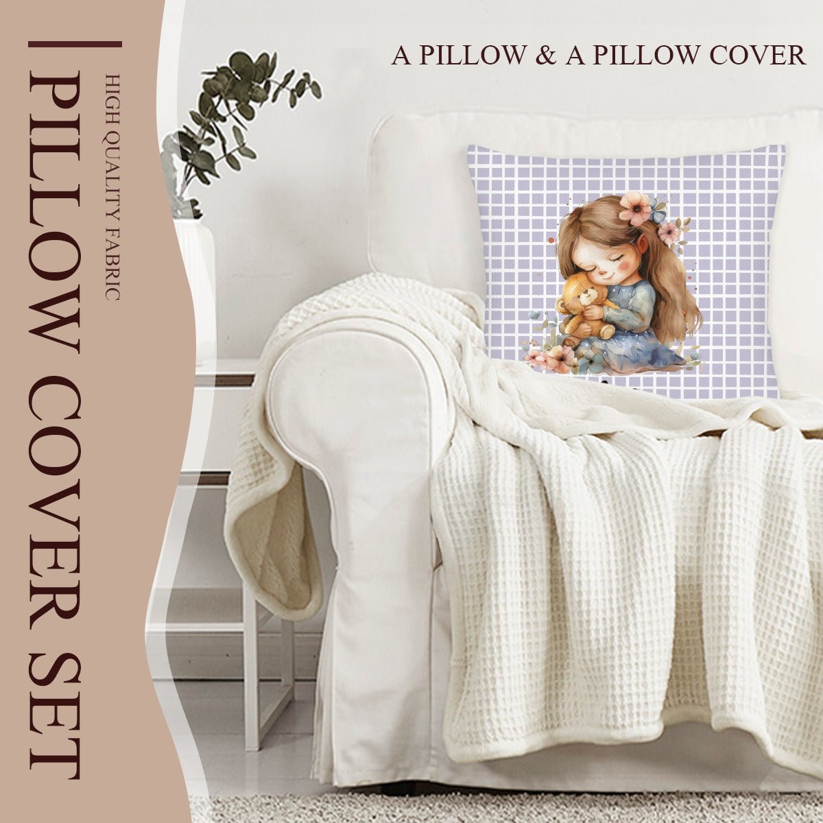 Personalized Cute Little Girl With Bear Pillowcase (Insert Included) - ThrowPillows - BuyEcEc