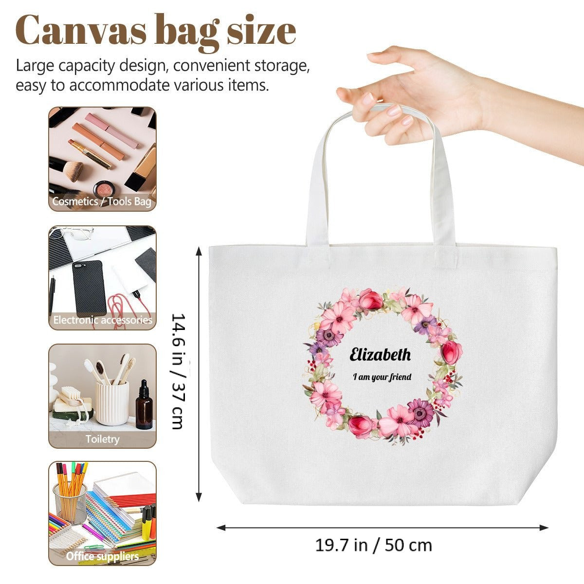 Personalized Flower Wreath Canvas Tote Bag | Custom Floral ToteTote Bag Name Personalized - ToteBags - BuyEcEc