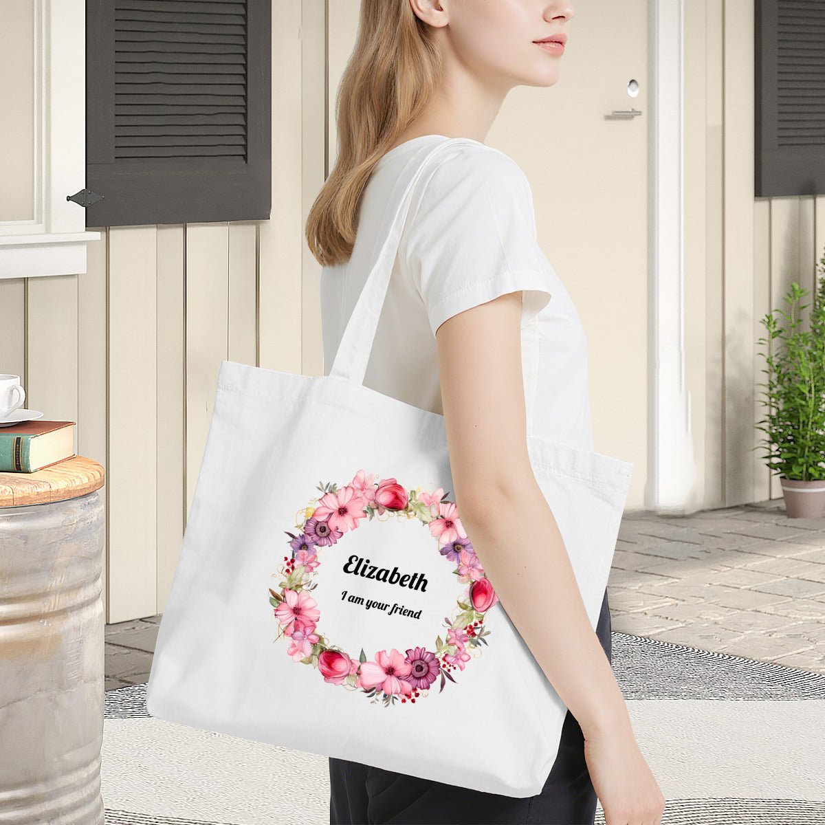 Personalized Flower Wreath Canvas Tote Bag | Custom Floral ToteTote Bag Name Personalized - ToteBags - BuyEcEc