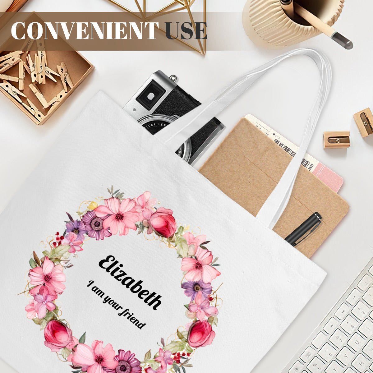 Personalized Flower Wreath Canvas Tote Bag | Custom Floral ToteTote Bag Name Personalized - ToteBags - BuyEcEc