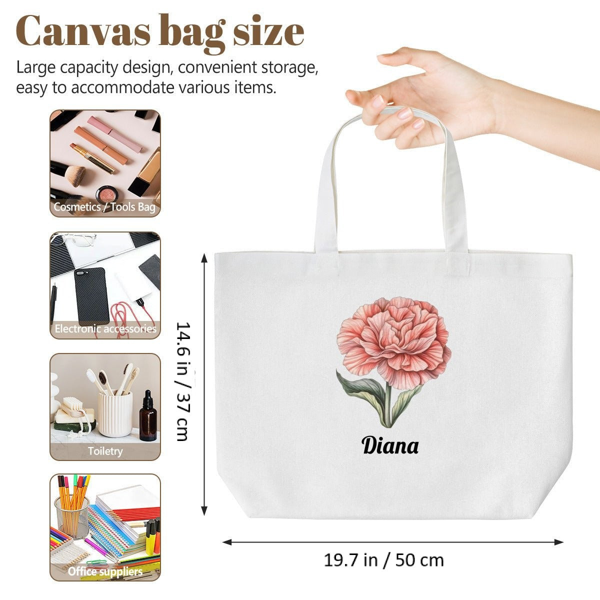 Personalized Small Canvas Tote Bag | Custom Birth Flower ToteTote Bag Name Personalized - ToteBags - BuyEcEc