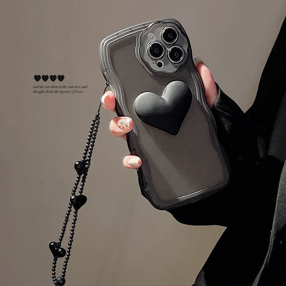 Translucent 3D Dark Black Love Heart iPhone Case Chain Charm  iPhone 13 12 11 Pro Max Mini X XS Max XR 7 8 Plus SE 2020 070-AA1-0002