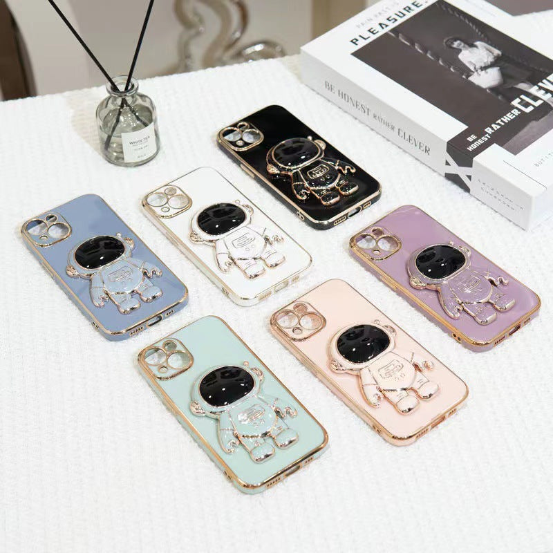 3D Astronaut Plating Stand Holder Phone Case  iPhone 14 13 12 11 Pro Max Mini X XS Max XR 7 8 Plus SE 2020 070-AA1-0012