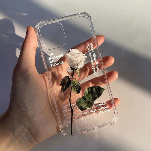 Romantic Single White Rose Clear iPhone Case 14 13 12 11 Pro Max Mini X XS Max XR 7 8 Plus SE 2020