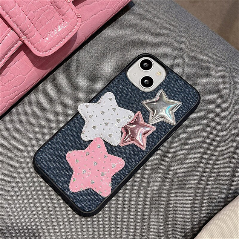 Korean Cute Glitter Star Denim Phone Case For iPhone 14 13 12 11 Pro Max Mini X XS Max XR 7 8 Plus SE 2020