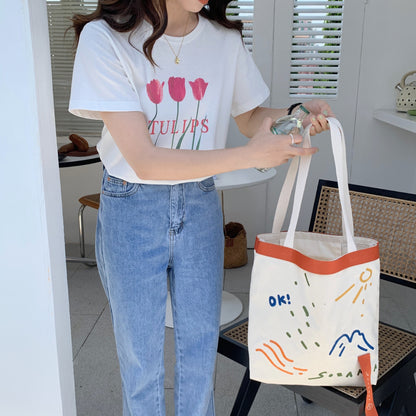 New Canvas Contrast Color Women's Bag Fashion Embroidered Ribbon Shoulder Bags for Women 2022 Large Capacity Student Handbags  067-AA3-0009