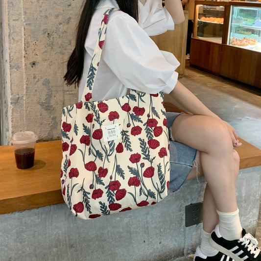 Large Capacity Women Thin Cloth Shoulder Bag Retro Floral School girl's Book Tote Handbags Vintage Female Grocery Shopping Bags   067-AA3-0013