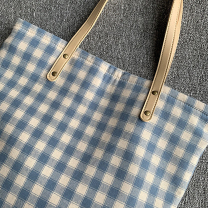 Checkered Tote bag, Woman Canvas Bag, cotton bag, Pastel, handmade, gift for her, leather handle, reusable, , large bag, modern   067-AA3-0004