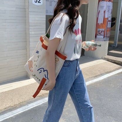 New Canvas Contrast Color Women's Bag Fashion Embroidered Ribbon Shoulder Bags for Women 2022 Large Capacity Student Handbags  067-AA3-0009