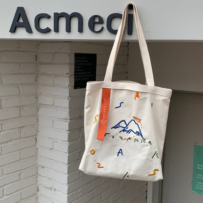 New Canvas Contrast Color Women's Bag Fashion Embroidered Ribbon Shoulder Bags for Women 2022 Large Capacity Student Handbags  067-AA3-0009
