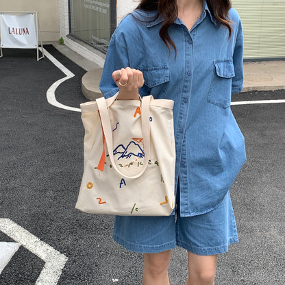 New Canvas Contrast Color Women's Bag Fashion Embroidered Ribbon Shoulder Bags for Women 2022 Large Capacity Student Handbags  067-AA3-0009