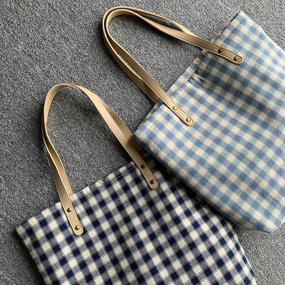 Checkered Tote bag, Woman Canvas Bag, cotton bag, Pastel, handmade, gift for her, leather handle, reusable, , large bag, modern   067-AA3-0004