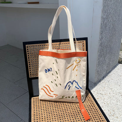 New Canvas Contrast Color Women's Bag Fashion Embroidered Ribbon Shoulder Bags for Women 2022 Large Capacity Student Handbags  067-AA3-0009