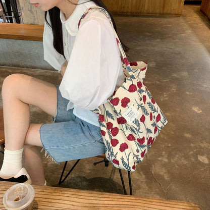 Large Capacity Women Thin Cloth Shoulder Bag Retro Floral School girl's Book Tote Handbags Vintage Female Grocery Shopping Bags   067-AA3-0013