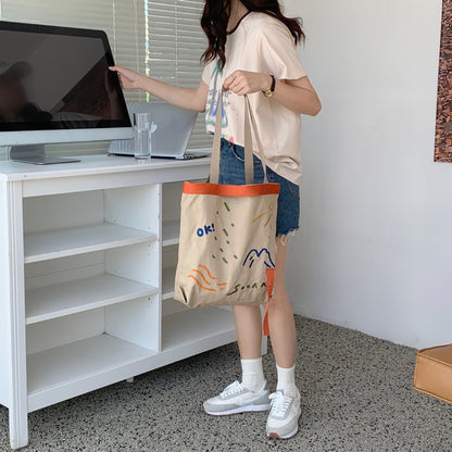 New Canvas Contrast Color Women's Bag Fashion Embroidered Ribbon Shoulder Bags for Women 2022 Large Capacity Student Handbags  067-AA3-0009