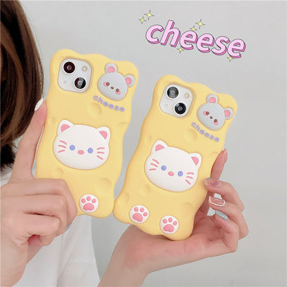 Cute Cartoon Cat Mouse Cheese iPhone 14 13 12 11 Pro Max Mini X XS Max XR 7 8 Plus SE 2020