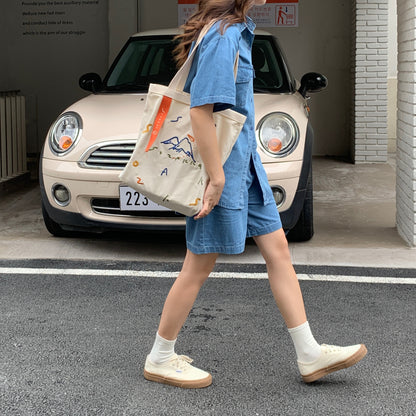 New Canvas Contrast Color Women's Bag Fashion Embroidered Ribbon Shoulder Bags for Women 2022 Large Capacity Student Handbags  067-AA3-0009
