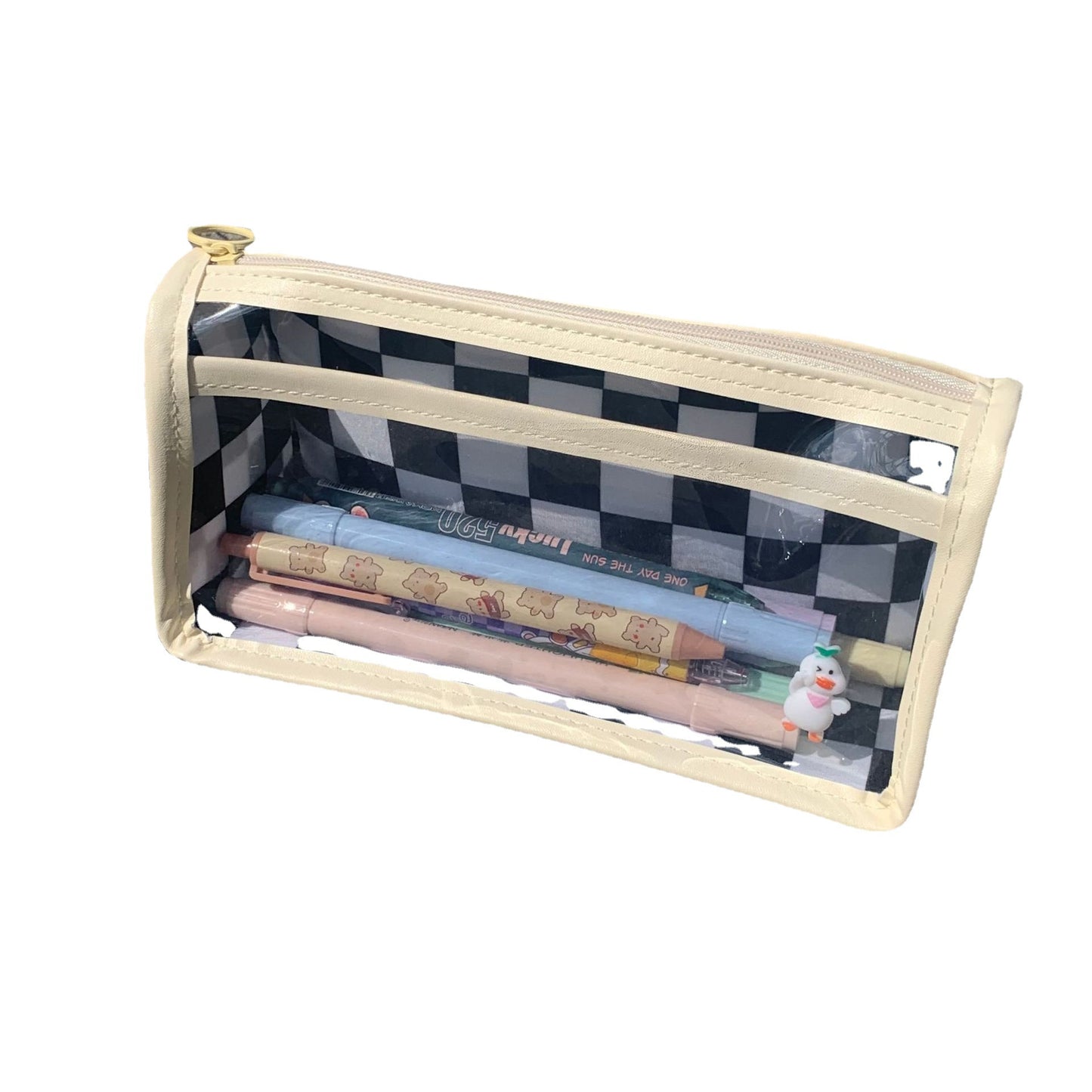 Transparent grid pencil bag large-capacity simple black and white grid school student stationery box   067-AA8-0002