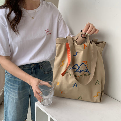 New Canvas Contrast Color Women's Bag Fashion Embroidered Ribbon Shoulder Bags for Women 2022 Large Capacity Student Handbags  067-AA3-0009