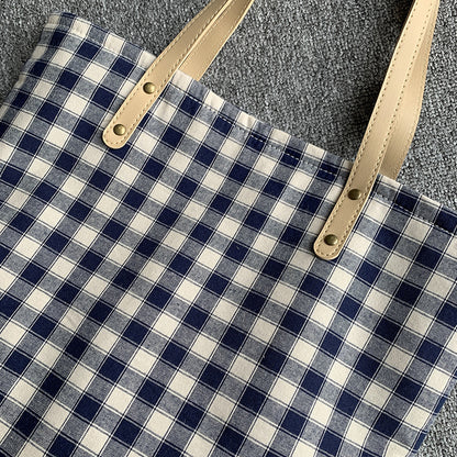 Checkered Tote bag, Woman Canvas Bag, cotton bag, Pastel, handmade, gift for her, leather handle, reusable, , large bag, modern   067-AA3-0004