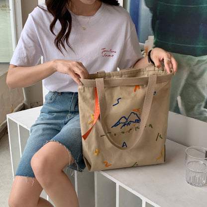 New Canvas Contrast Color Women's Bag Fashion Embroidered Ribbon Shoulder Bags for Women 2022 Large Capacity Student Handbags  067-AA3-0009