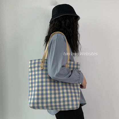 Checkered Tote bag, Woman Canvas Bag, cotton bag, Pastel, handmade, gift for her, leather handle, reusable, , large bag, modern   067-AA3-0004